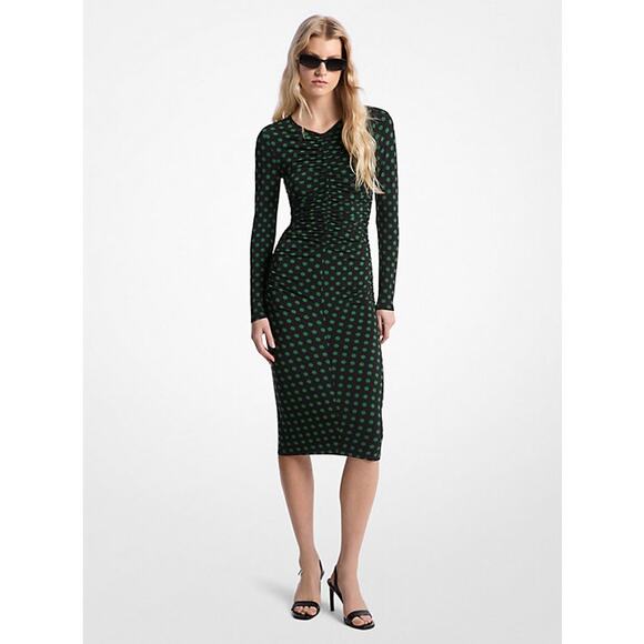 Michael Kors Polka Dot Stretch Matte Jersey Midi Dress Black Moss Women's XS NWT - Picture 1 of 7